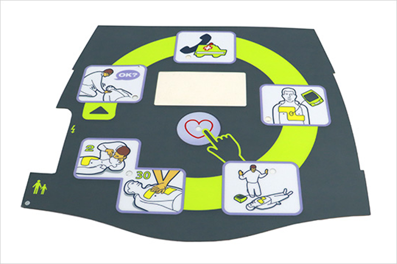 Graphic overlay of a membrane switch from Luphi Electronics, showcasing high-quality printed characters and patterns, designed for durability and user interface functionality.