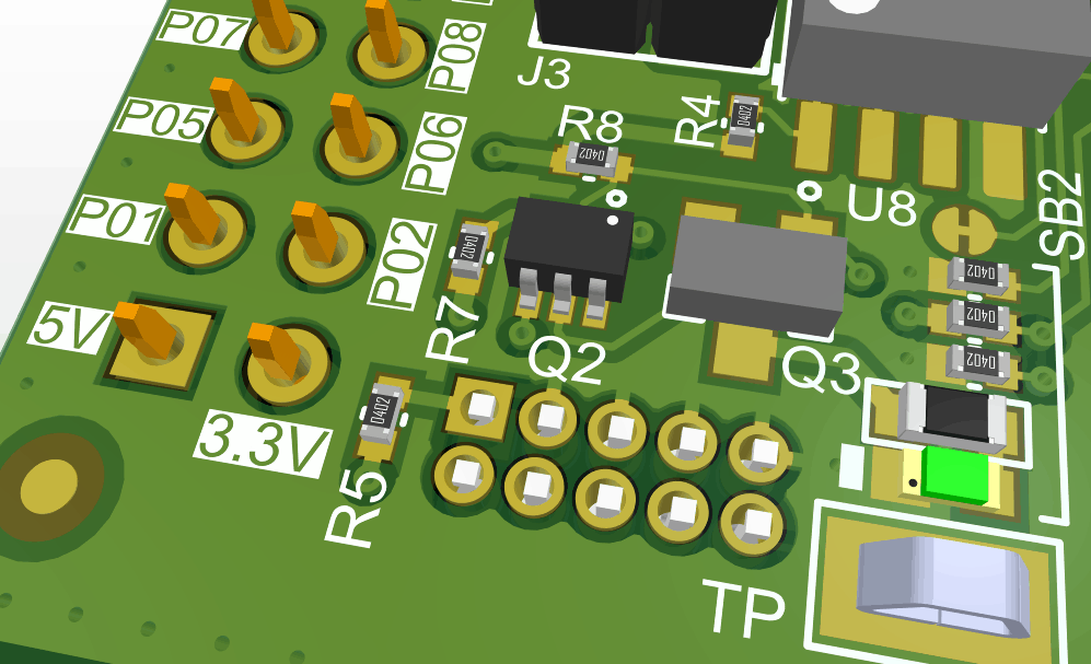 Example reference designators, pin names, and pin-1 indicators printed on the silkscreen layer in an assembled PCB