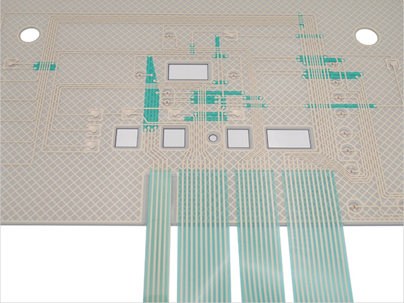 Circuit layer of a membrane switch by Luphi Electronics, showcasing printed conductive inks on flexible PET, essential for the functionality of the switch