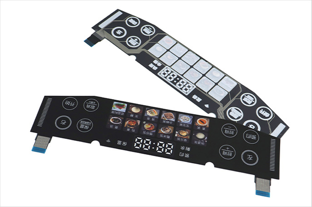 Graphic overlay of a membrane switch with clear printed symbols and icons