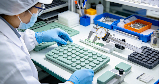 quality inspector examining a silicone keypad with a measuring gauge at a pilot run station.png