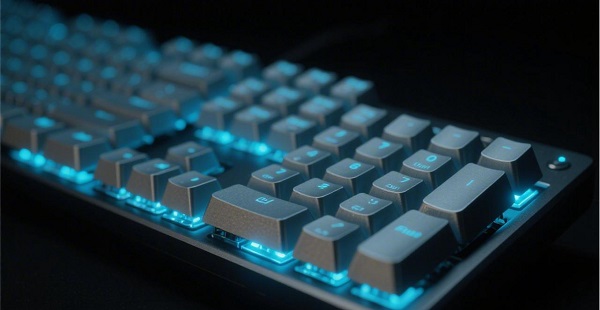 A close-up image of a backlit membrane keypad in a dark setting.