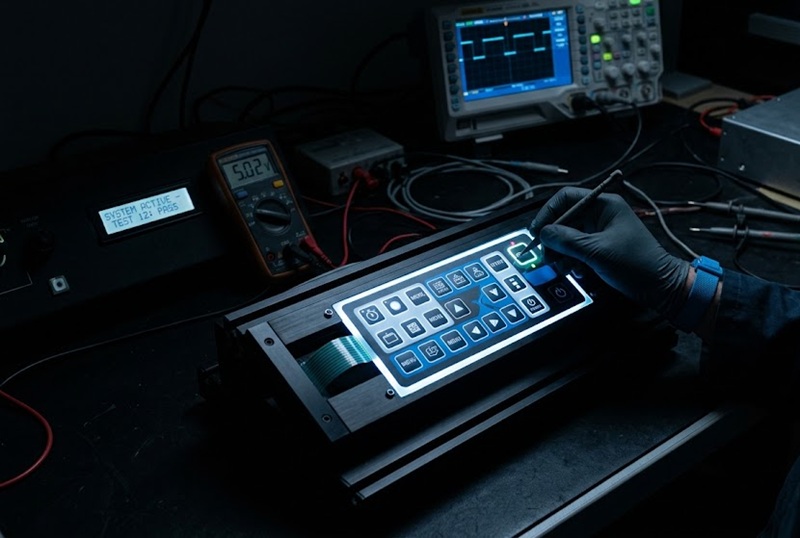 Illuminated backlit membrane switch being tested in a dark inspection environment.jpg