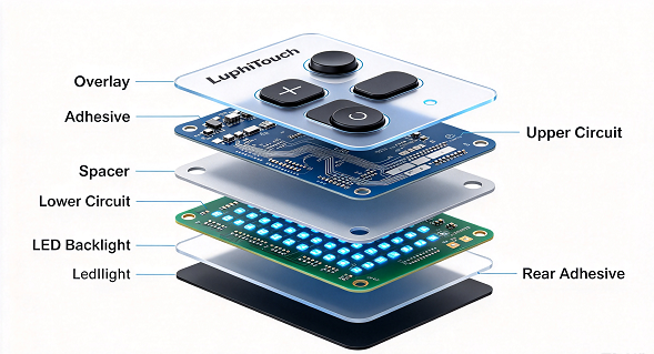 Exploded stack-up diagram of a backlit membrane switch showing overlay, spacer, circuits, and LED layer.png