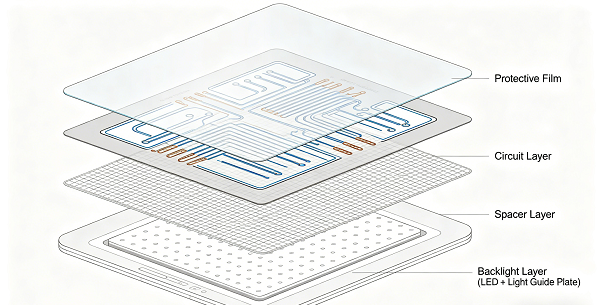 Layer structure of backlighting membrane switch showing circuits and backlight