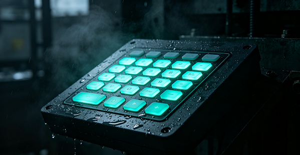 Waterproof backlit membrane switches glowing in a dark industrial control panel environment.png