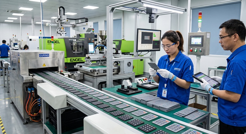 Modern silicone keypad production line with engineers inspecting products.jpg