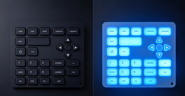 Backlit membrane switch graphics viewed with illumination on and off to compare color and legibility..png