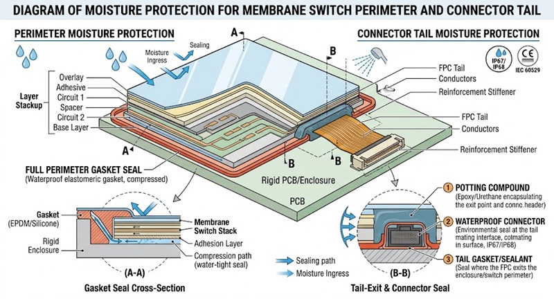 Diagram showing moisture protection around a membrane switch perimeter and connector tail.jpg