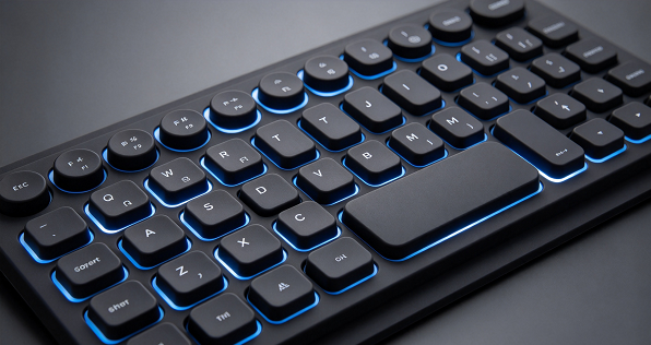 A silicone keypad with clearly grouped function keys, a distinct confirmation key, and varied key shapes..png