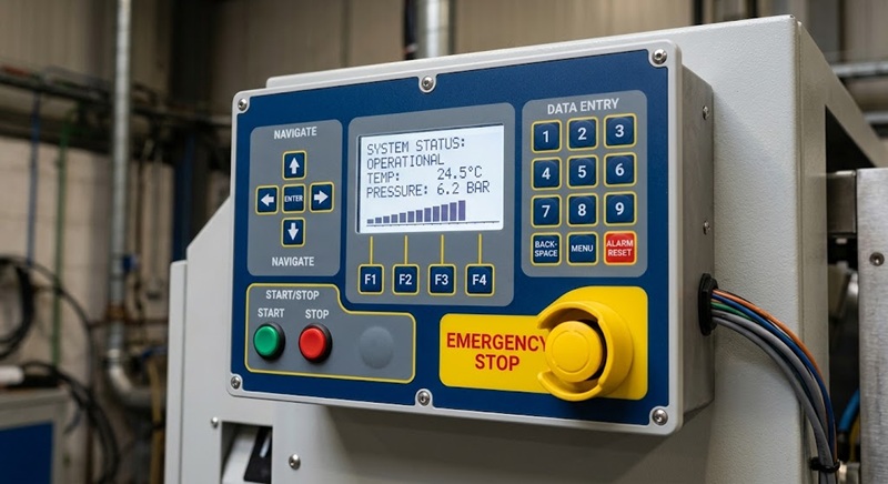 Custom membrane switch HMI panel with labeled control keys and display window.jpg